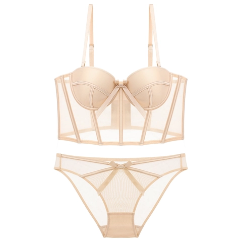 Französischer Stil Korsett Lingerie Set Für Damen Sexy Schleife Netzgewebe Bügel BH Und Unterwäsche Top Und Bottom Support