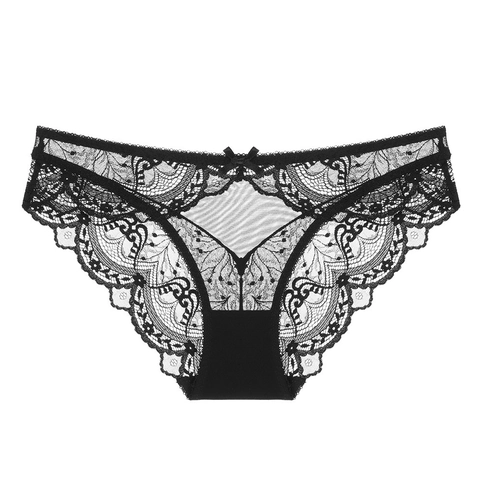 Women Sexy Lace Mesh Panties With Cotton Crotch Breathable Low Waist Floral Briefs Bow Decor Comfortable Lingerie Underwear