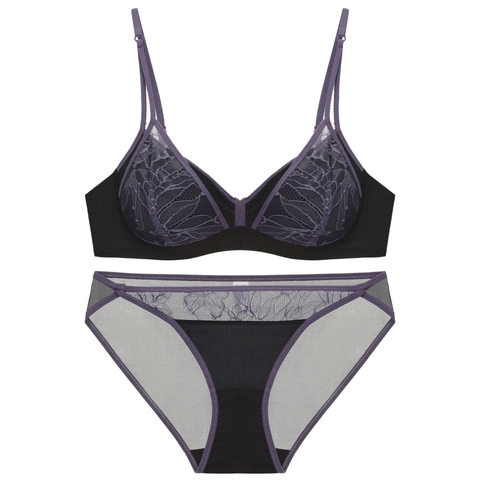 Conjunto de Lencería Sexy de Encaje Francés Sujetador de Copa Triangular Sin Aros y Bragas Push Up Cómodo Transpirable Lencería para Mujer