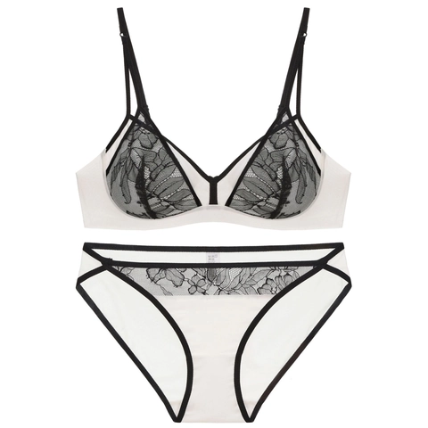 Conjunto de Lencería Sexy de Encaje Francés Sujetador de Copa Triangular Sin Aros y Bragas Push Up Cómodo Transpirable Lencería para Mujer