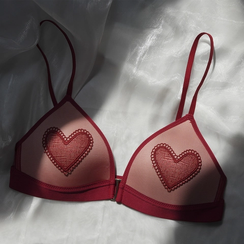 Sujetador de Encaje Sexy Francés para Mujer Cierre Delantero Sin Aros Copa Triangular Lencería de Malla Bordado de Corazón Bralette Push-Up