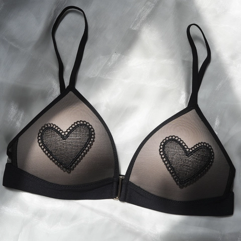 Sujetador de Encaje Sexy Francés para Mujer Cierre Delantero Sin Aros Copa Triangular Lencería de Malla Bordado de Corazón Bralette Push-Up