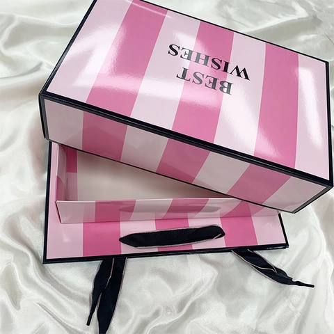 Pink White Vertical Striped Paper Gift Box With Handbag Best Wishes Decorative Cardboard Box For Underwear Clothing Gift