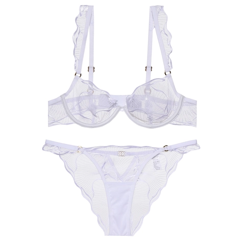 Franzöσιischer Stil Ultradünnes Transparentes Spitzen Stickerei Lingerie Set Mit Bügel Netz BH Und Slip Damen