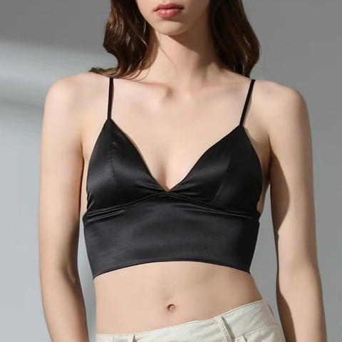 Sexy Bralette in Raso Stile Francese Donna Senza Ferretto Coppa a Triangolo Spalline Sottili Scollo a V Leopardato Zebra Tinta Unita Top Reggiseno