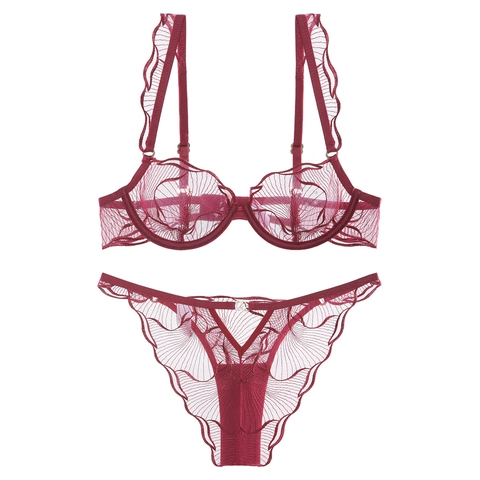 Französischer Spitzen-BH Und Höschen Für Damen Sexy Bestickt Mesh Mit Bügel Ultradünn Atmungsaktiv Dessous Unterwäsche