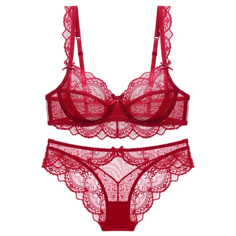 Conjunto de Ropa Interior de Encaje Sexy para Mujer Ultrafino Calado Transparente Bordado Sujetador con Aro y Braga