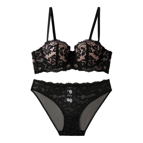 Completo Intimo Sexy in Pizzo Francese da Donna Set Reggiseno e Mutandine Push Up con Ferretto e Ricamo Floreale