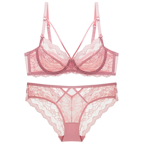 French Sexy Ultra-Thin Transparent Lace Bra Top And Bottom Women Floral Embroidered Underwire Breathable Minimizer Lingerie