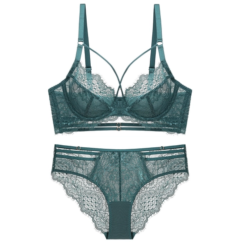 Soutien-gorge et Culotte en Dentelle Florale Sexy Ultra-fin Transparent Minimiseur avec Armature Lingerie pour Femmes Broderie