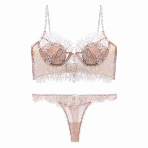 Sexy French Style Lace Lingerie For Women Eyelash Lace Push Up Bralette And Thong Breathable Backless Intimates Underwear