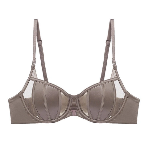 French Sexy Front Buckle Rabbit Ear Thin Mold Cup Bra For Women Glossy Satin Mesh Splicing Minimizer Bra Underwire Lingerie Underwear