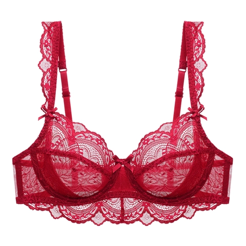 Women Sexy Thin Lace Bra Transparent Floral Embroidery Underwire Bralette Plus Size Bow Decor Breathable Lingerie For Ladies