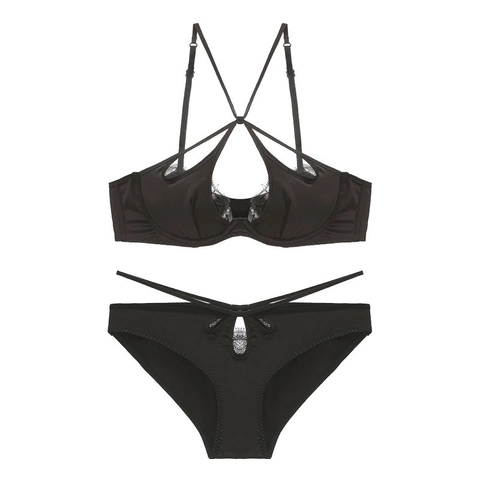 Ensemble Lingerie Sexy en Satin et Dentelle pour Femmes Soutien-gorge et Culotte à Bretelles Croisées avec Armatures Souples