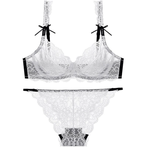 Sexy Lace Lingerie Set Women Ultra Thin Transparent Floral Embroidery Bra And Panties Underwired Bow Decor Bralette Set