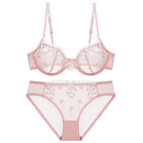 Women Sexy Ultra-thin Perspective Embroidery Lace Bra And Panty Floral Mesh Underwire Supportive Lingerie Romantic Style