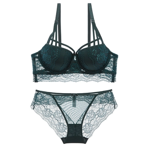 Sexy Completo Intimo Donna Reggiseno e Mutandine in Pizzo Floreale Push Up Lingerie Due Pezzi Rete Spalline Regolabili