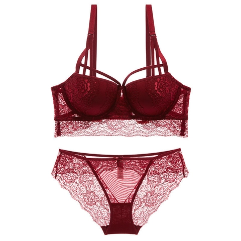 Sexy Completo Intimo Donna Reggiseno e Mutandine in Pizzo Floreale Push Up Lingerie Due Pezzi Rete Spalline Regolabili