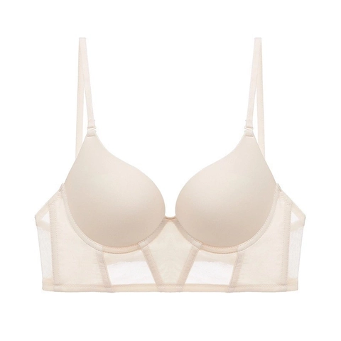 Sujetador Push Up Sin Costuras Sexy Estilo Francés para Mujer Forma de U Satén Liso Corsé con Soporte de Malla Transparente