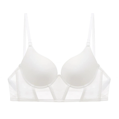 Sujetador Push Up Sin Costuras Sexy Estilo Francés para Mujer Forma de U Satén Liso Corsé con Soporte de Malla Transparente