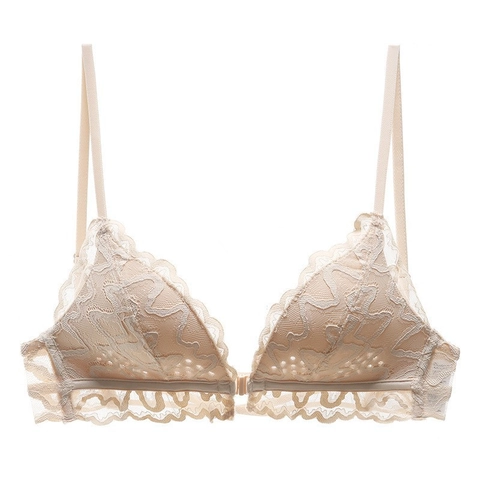 Bralette de Encaje Francés para Mujer Sujetador Sin Aros Cierre Delantero Espalda al Aire Copa Delgada Lencería Sexy Push Up