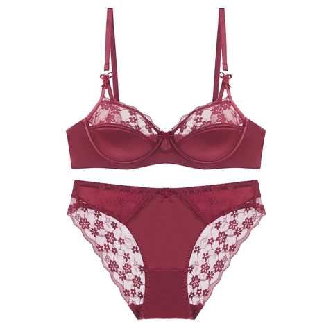 Conjunto de Lencería Sexy de Encaje y Satén Francés Bordado Floral Sujetador Con Aros y Bragas a Juego Push Up Ropa Interior Elegante Para Mujer