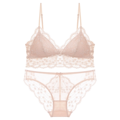 Conjunto de Lencería de Encaje Estilo Francés para Mujer Sujetador Triangular Sin Aros y Braguita de Flores Transpirable
