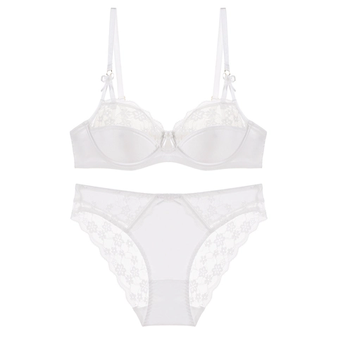 Conjunto de Lencería Sexy de Encaje y Satén Francés Bordado Floral Sujetador Con Aros y Bragas a Juego Push Up Ropa Interior Elegante Para Mujer