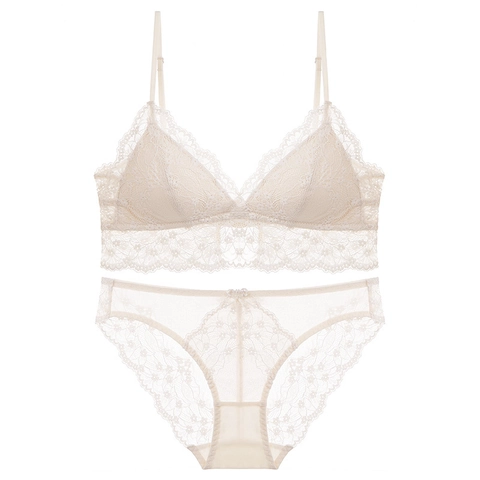Conjunto de Lencería de Encaje Estilo Francés para Mujer Sujetador Triangular Sin Aros y Braguita de Flores Transpirable