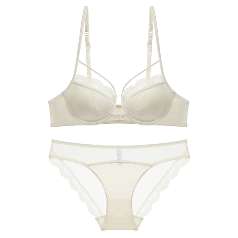 French Sexy Satin Lace Bra And Panties For Women Front Closure Underwire Minimizer Lingerie Comfortable Breathable Underwear