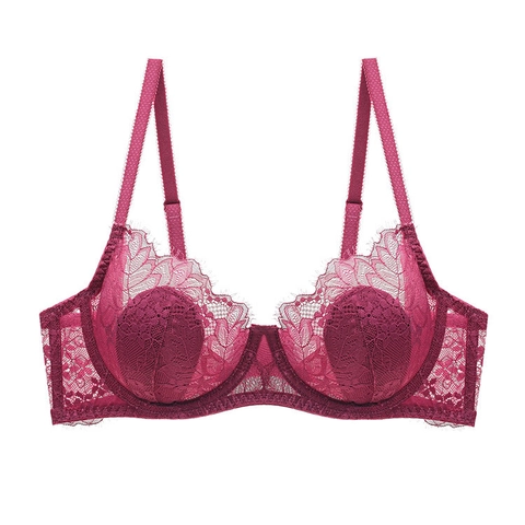 Sujetador Sexy de Encaje Francés para Mujer Copa de Oreja de Conejo Delgada Con Aros Bordado Floral Malla Transparente