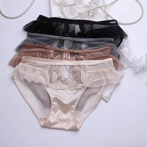 Women French Sexy Satin Lace Briefs Hollow Out Embroidery Mesh Panties Low Waist Breathable Hip Lifting Lingerie Underwear