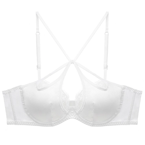French Sexy Thin Satin Lace Bra For Women Criss Cross Straps Hollow Out Eyelash Lace Push Up Underwire Lingerie Top