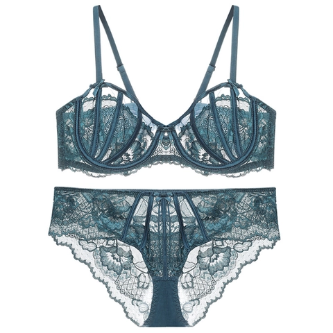 Lencería de Encaje Sexy de Estilo Francés Para Mujer Sujetador con Aros Floral Ultrafino Y Bragas Con Decoración de Lazos