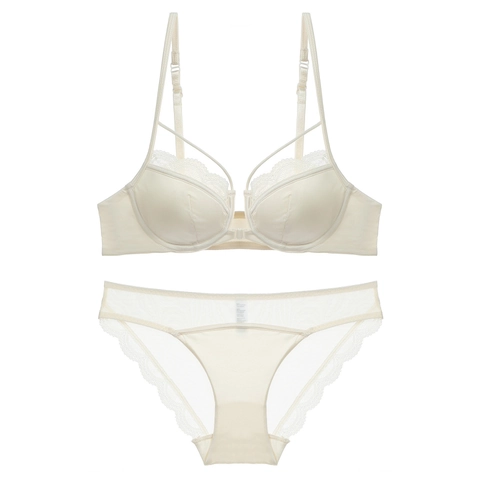 Ensemble de Lingerie Sexy en Dentelle Style Français pour Femme Boucle Avant Dos Croisé Satin Lisse Soutien-Gorge Minimiseur et Culotte