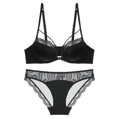 Ensemble de Lingerie Sexy en Dentelle Style Français pour Femme Boucle Avant Dos Croisé Satin Lisse Soutien-Gorge Minimiseur et Culotte
