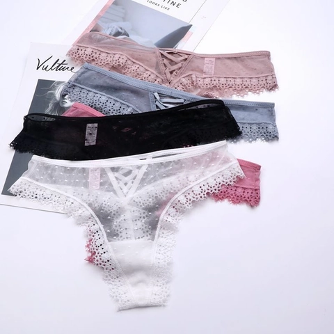 Women Sexy Lace Thong Mesh Polka Dot Low Waist Hollow Out G-String Breathable Strappy Briefs Lingerie For Lady
