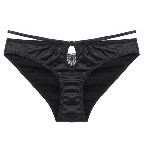 Sexy Women Lace Satin Panties French Low Waist Briefs Breathable Hollow Out Keyhole Bow Hip Lift Silk Like Lingerie Underwear
