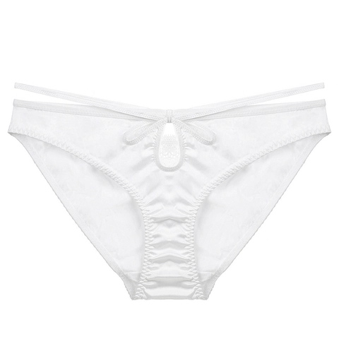Sexy Women Lace Satin Panties French Low Waist Briefs Breathable Hollow Out Keyhole Bow Hip Lift Silk Like Lingerie Underwear