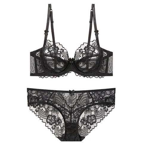 Lencería de Encaje Sexy para Mujer Sujetador y Bragas Floral Ultra Delgado Transparente con Aros Estilo Francés Ropa Interior