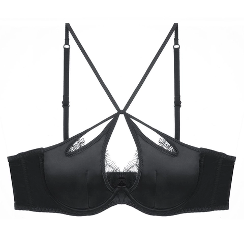 French Sexy Thin Satin Lace Bra For Women Criss Cross Straps Hollow Out Eyelash Lace Push Up Underwire Lingerie Top