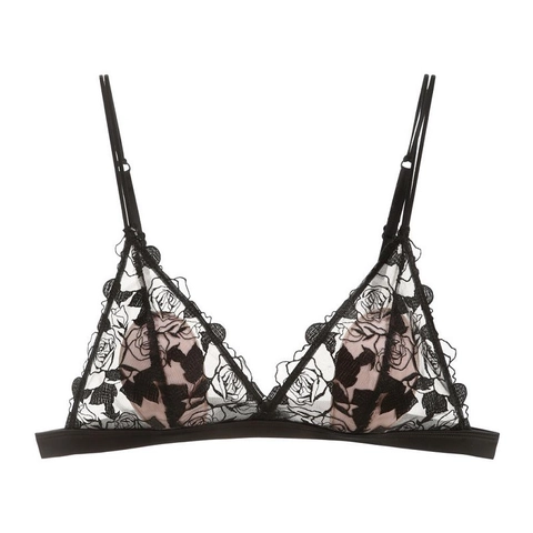 Sujetador de Encaje con Bordado de Rosa Sexy Francés para Mujer Copa Triangular Sin Aros Bralette Relleno Delgado