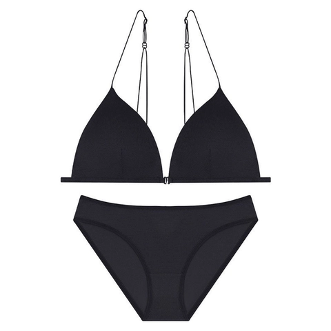 French Sexy Women Cotton Lingerie Ribbed Triangle Cup Bra Wireless Front Buckle Thin Shoulder Straps Beautiful Back Briefs