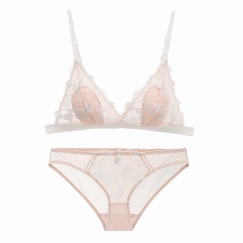 Conjunto de Lencería de Encaje Sin Aros de Estilo Francés Sexy Bordado de Rosas Bralette Triangular y Braga Transpirable