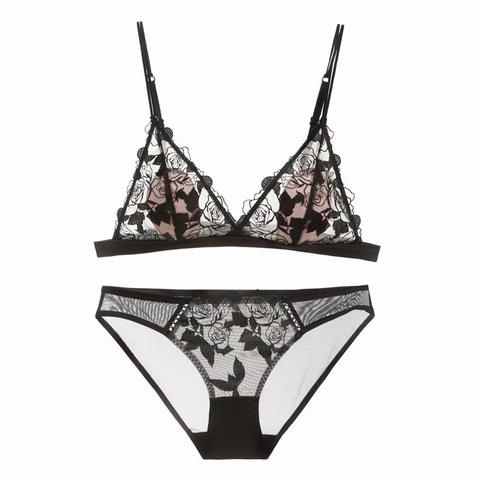 Conjunto de Lencería de Encaje Sin Aros de Estilo Francés Sexy Bordado de Rosas Bralette Triangular y Braga Transpirable