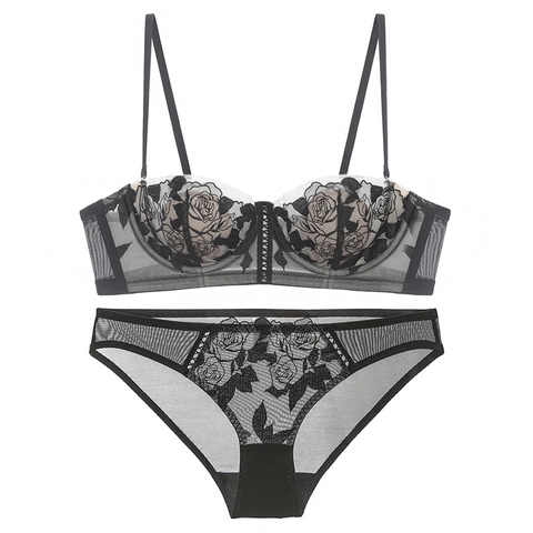 Conjunto de Sujetador Fino Transparente de Encaje de Malla Con Bordado de Rosas Romántico Francés Para Mujer