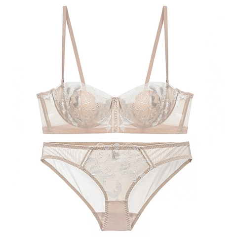 Sujetador de Encaje con Bordado de Rosas Estilo Francés Sexy Minimizador Delgado con Aro Conjunto de Lencería Mujer Elegante