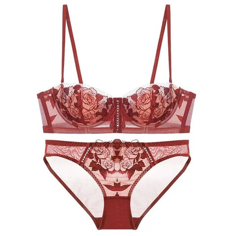 Conjunto de Lencería de Encaje con Bordado de Rosa Estilo Francés Sujetador Minimizador con Aro Suave Top And Bottom Transpirable Mujer