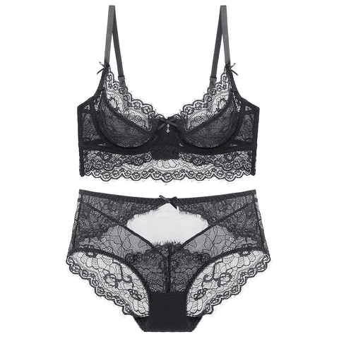 Sexy Lace Bra And Panty Ultra Thin Transparent Mesh Underwire Minimizer Lingerie For Women Floral Embroidery Underwear