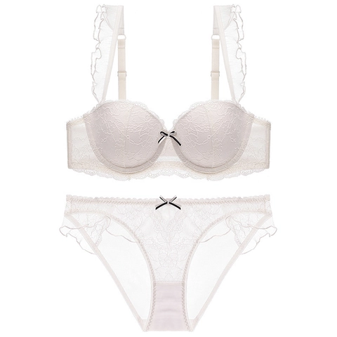 Ensemble de Lingerie en Dentelle Sexy Française pour Femmes Soutien-Gorge Push Up Et Culotte Broderie Florale Nœud